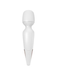 Wand Satisfyer en acabado blanco con detalle metalizado en oro rosa y contactos de carga magnética en la base del mango