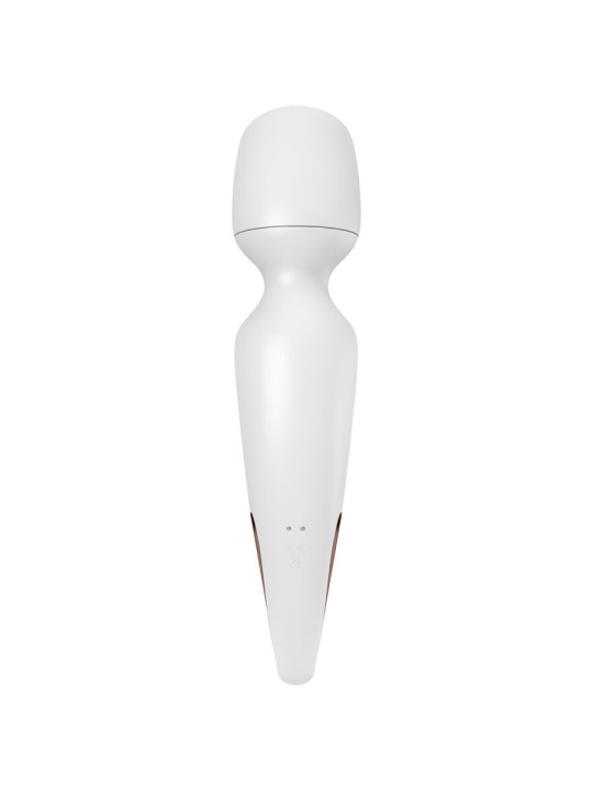 Wand Satisfyer en acabado blanco con detalle metalizado en oro rosa y contactos de carga magnética en la base del mango