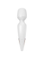 Wand Satisfyer en acabado blanco con detalle metalizado en oro rosa y contactos de carga magnética en la base del mango