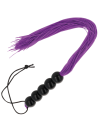 Flogger Darkness de tiras lila flexibles con mango de bolas negras y cordón de muñeca
