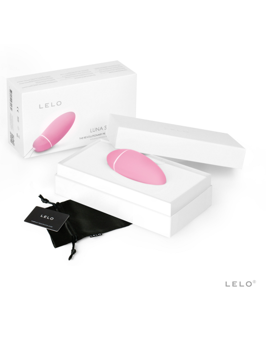 Caja blanca del LELO Luna Smart Bead con la bala en rosa, bolsa de satén negra y tarjeta de garantía