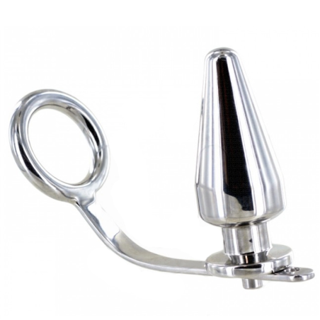 Anillo de acero Metal Hard con barra curva y plug anal cónico atornillado a la base