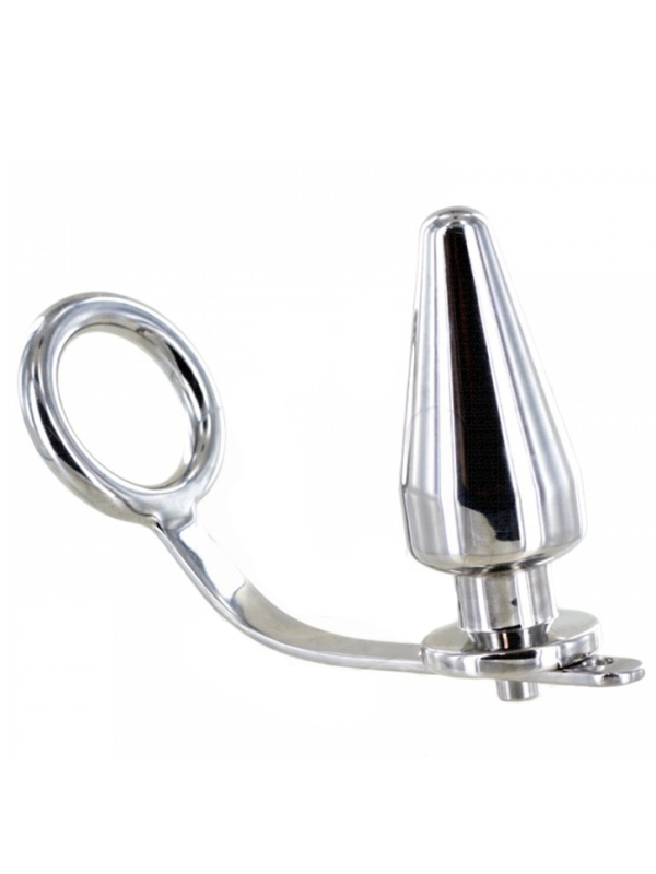 Anillo de acero Metal Hard con barra curva y plug anal cónico atornillado a la base