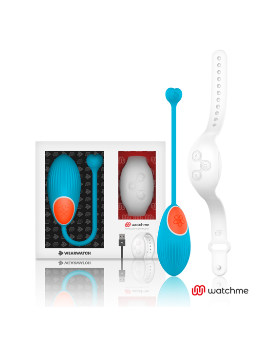 Huevo vibrador Wearwatch WatchMe azul con reloj mando blanco, cable USB y caja de la marca