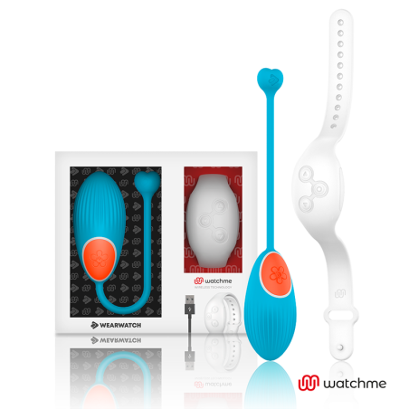 Huevo vibrador Wearwatch WatchMe azul con reloj mando blanco, cable USB y caja de la marca