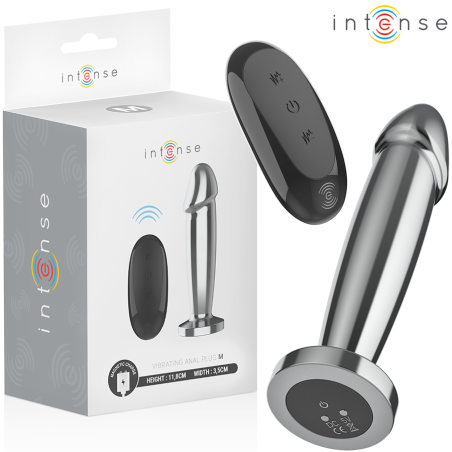 Plug anal vibrador Intense de metal talla M junto a su caja y al mando a distancia negro