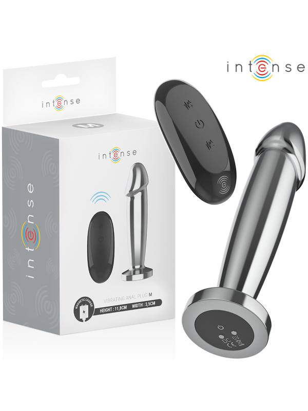 Plug anal vibrador Intense de metal talla M junto a su caja y al mando a distancia negro