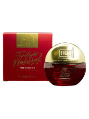 Frasco de 15 ml del spray de feromonas HOT Twilight Natural para mujer, en cristal rojo con tapón dorado, junto a su caja