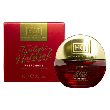 Frasco de 15 ml del spray de feromonas HOT Twilight Natural para mujer, en cristal rojo con tapón dorado, junto a su caja