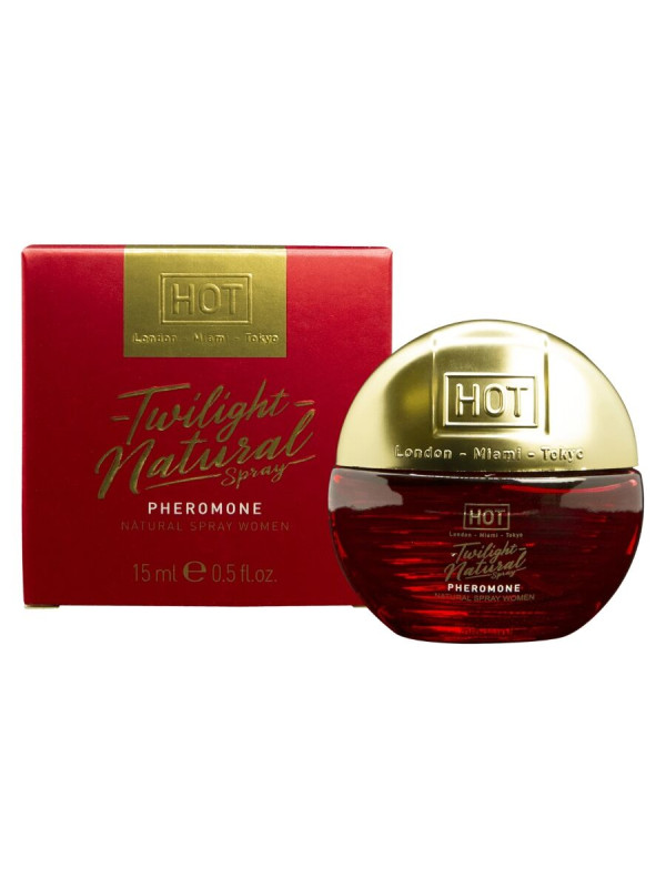Frasco de 15 ml del spray de feromonas HOT Twilight Natural para mujer, en cristal rojo con tapón dorado, junto a su caja