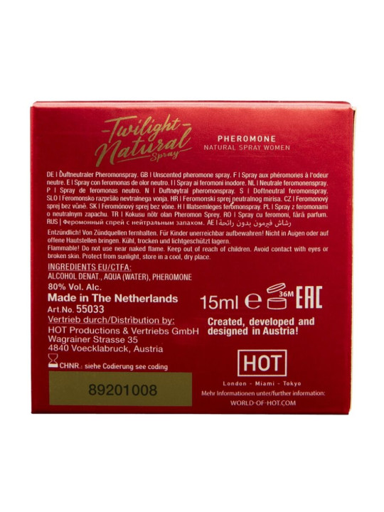 Reverso de la caja de HOT Twilight Natural con los ingredientes, el 80% de alcohol y las advertencias de uso