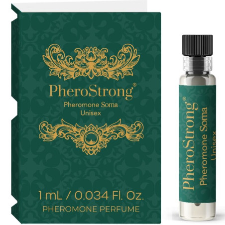Vial de 1 ml de PheroStrong Pheromone Soma unisex junto a su estuche verde y dorado