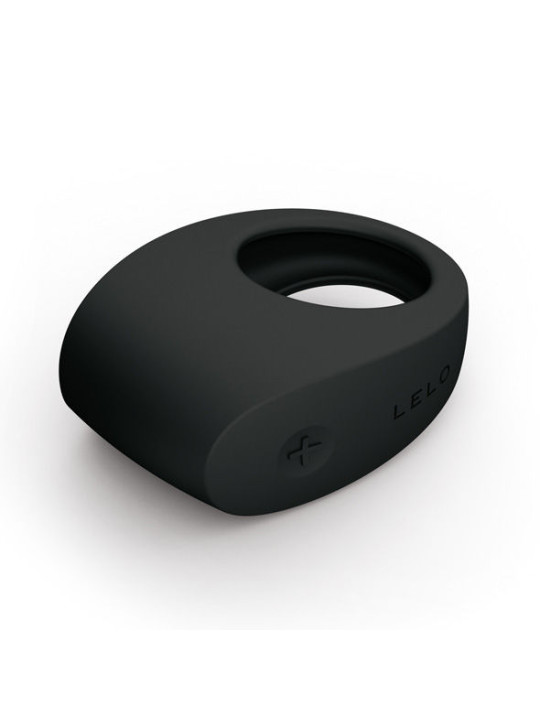 Anillo vibrador LELO Tor 2 negro visto desde arriba, con logotipo LELO y botón más en el cuerpo del motor