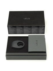 Caja de regalo negra del LELO Tor 2 abierta con el anillo y la bolsa de satén gris