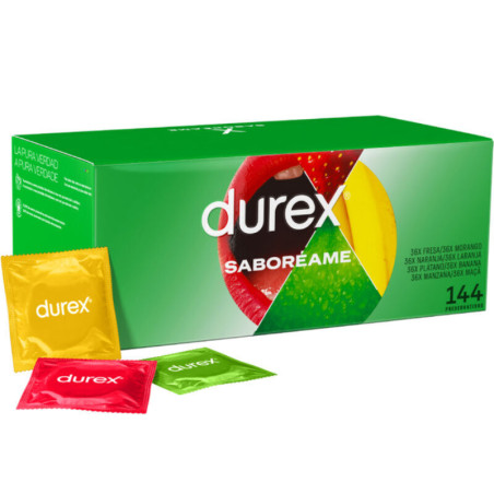 Caja de 144 preservativos Durex Saboréame (Pleasure Fruits) con sobres de fresa, plátano y manzana