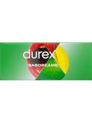 Frontal de la caja Durex Saboréame de 144 preservativos de sabores fresa, plátano, naranja y manzana