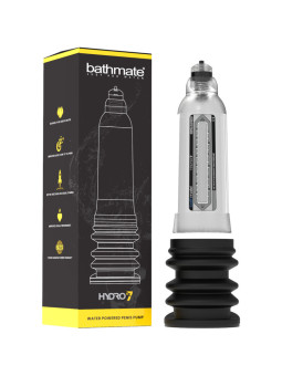 Bomba de agua Bathmate Hydro7 Hercules transparente junto a su caja negra y amarilla
