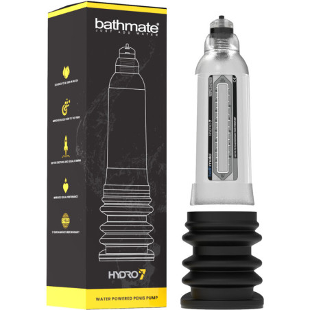 Bomba de agua Bathmate Hydro7 Hercules transparente junto a su caja negra y amarilla