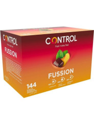 Caja de Control Adapta Fussion con 144 preservativos y los iconos de chocolate, melocotón y menta