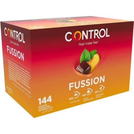 Caja de Control Adapta Fussion con 144 preservativos y los iconos de chocolate, melocotón y menta