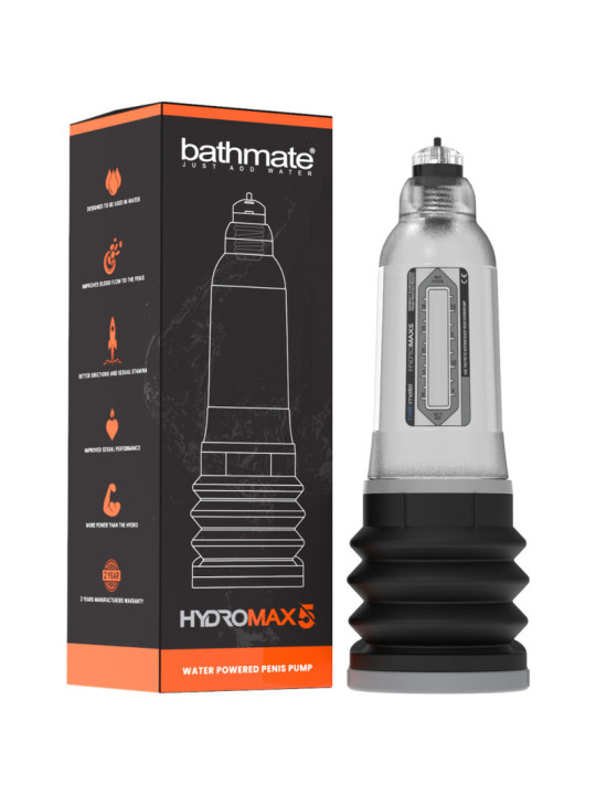 Bathmate Hydromax5 transparente junto a su caja con garantía de 2 años, bomba de vacío para el pene con agua