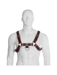 Chain Harness III de Leather Body puesto en un torso masculino, con los tirantes y la anilla centrada