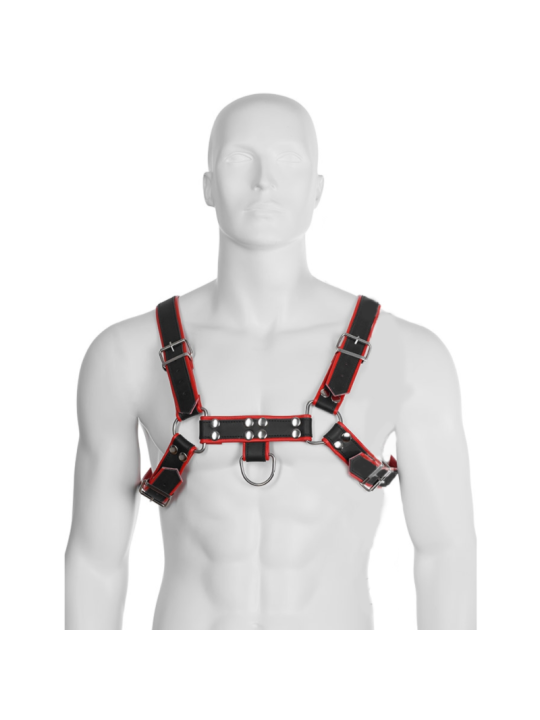 Chain Harness III de Leather Body puesto en un torso masculino, con los tirantes y la anilla centrada