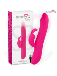 Vibrador rabbit Moressa Molly en fucsia junto a su caja y al cable de carga USB