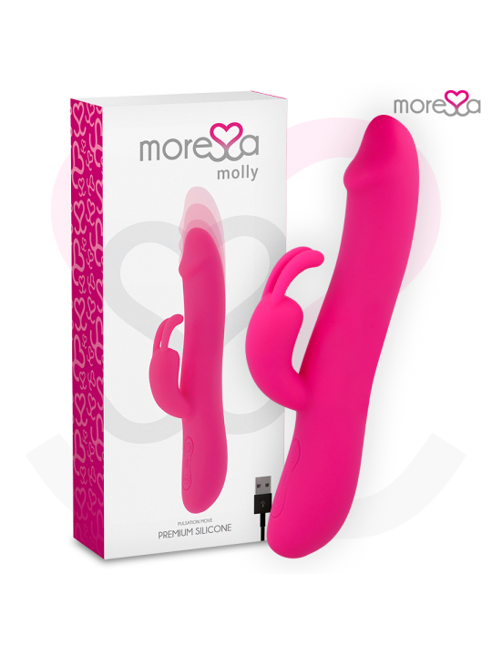 Vibrador rabbit Moressa Molly en fucsia junto a su caja y al cable de carga USB