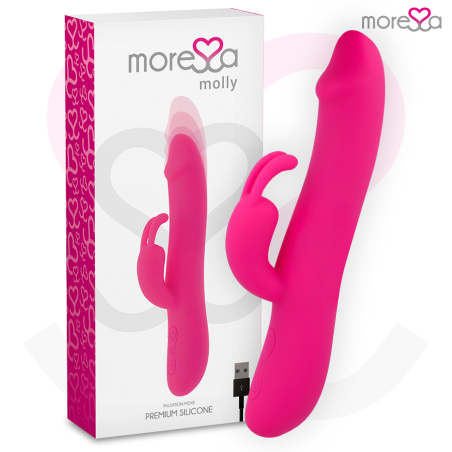 Vibrador rabbit Moressa Molly en fucsia junto a su caja y al cable de carga USB