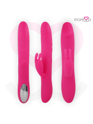 Tres vistas del Moressa Molly: perfil con mando plateado, brazo clitoral y botones traseros