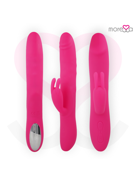 Tres vistas del Moressa Molly: perfil con mando plateado, brazo clitoral y botones traseros