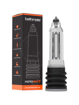 Bathmate Hydromax7 junto a su caja negra y naranja, bomba de vacío para el pene que funciona con agua