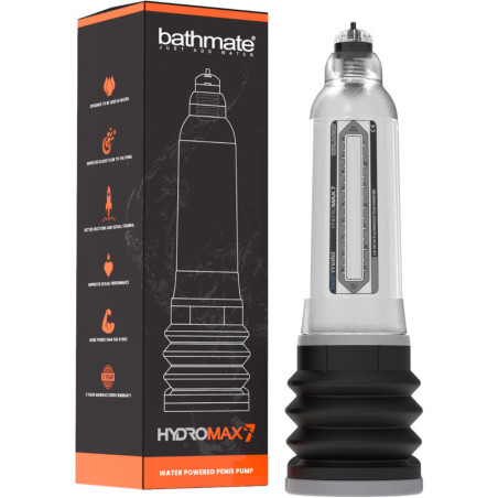 Bathmate Hydromax7 junto a su caja negra y naranja, bomba de vacío para el pene que funciona con agua