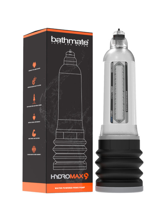 Bathmate Hydromax9 con su caja negra y naranja, bomba de vacío para el pene que funciona con agua