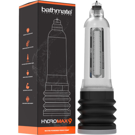 Bathmate Hydromax9 con su caja negra y naranja, bomba de vacío para el pene que funciona con agua