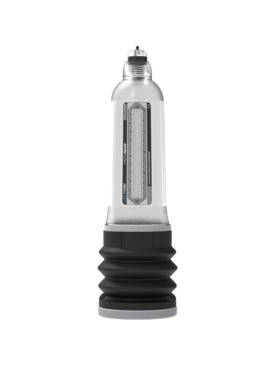Bomba Bathmate Hydromax9 transparente con escala de medida, fuelle negro y almohadilla de base