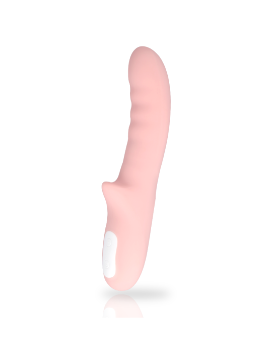 Vibrador MIA Pisa rosa de silicona, con cuerpo curvo estriado, brazo para el clítoris y panel de botones