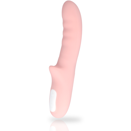Vibrador MIA Pisa rosa de silicona, con cuerpo curvo estriado, brazo para el clítoris y panel de botones