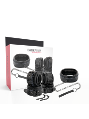 Set bondage Darkness de cuero negro con su caja: collar, correa de cadena, puños y mosquetones