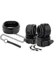 Piezas del set Darkness: collar acolchado con correa de cadena, dos pares de puños y dos ganchos