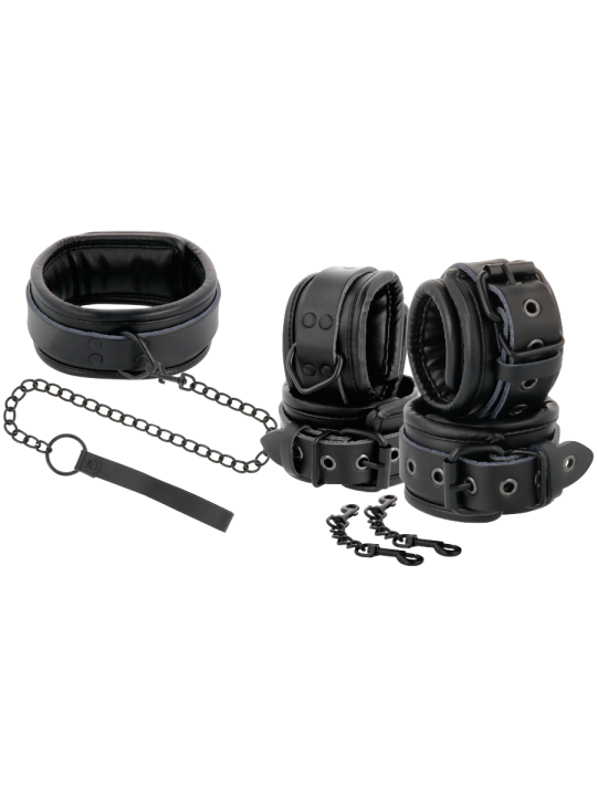 Piezas del set Darkness: collar acolchado con correa de cadena, dos pares de puños y dos ganchos