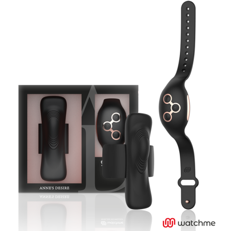 Caja de Anne's Desire Panty Pleasure con el vibrador de braga negro y el reloj mando WatchMe con detalles dorados