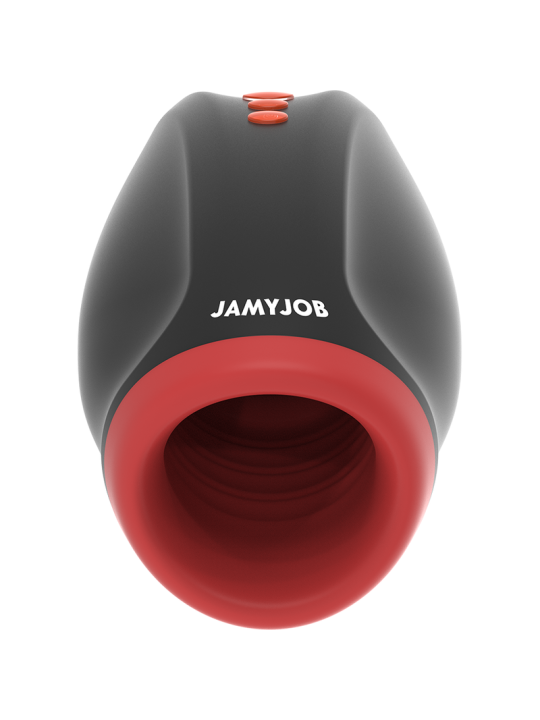 Masturbador Jamyjob Novax de frente, carcasa negra con entrada de silicona roja texturizada