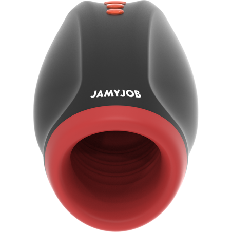 Masturbador Jamyjob Novax de frente, carcasa negra con entrada de silicona roja texturizada