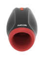Masturbador Jamyjob Novax de frente, carcasa negra con entrada de silicona roja texturizada