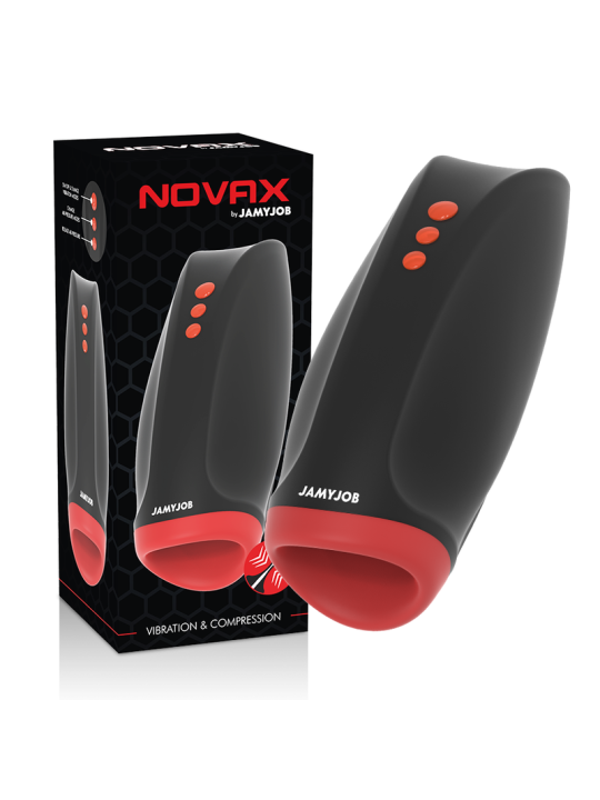 Jamyjob Novax junto a su caja, con los tres botones de vibración y compresión a la vista