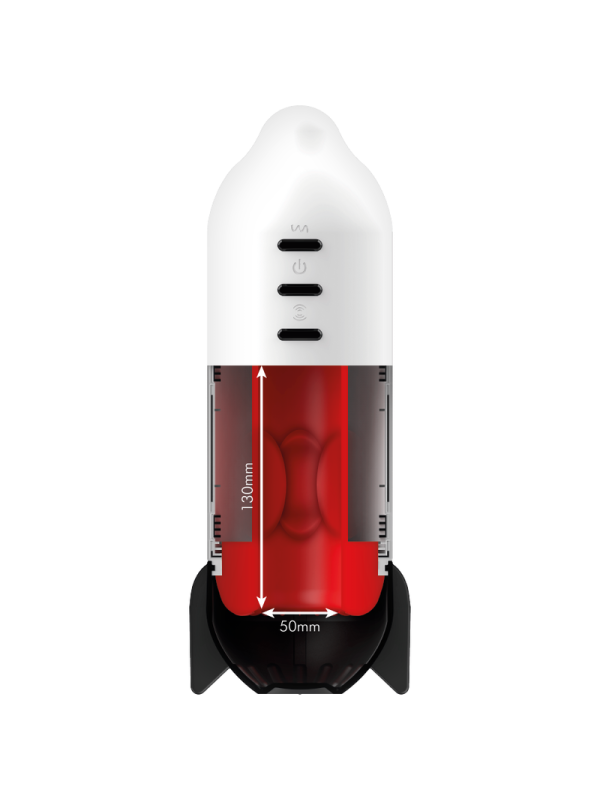 Masturbador Jamyjob Rocket blanco con la manga roja y las medidas internas de 130 mm por 50 mm