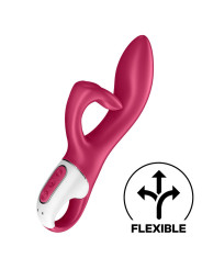 Vibrador conejito Satisfyer Embrace Me en rojo, con brazo clitoriano y sello de cuerpo flexible