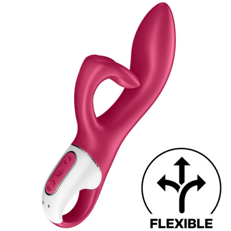 Vibrador conejito Satisfyer Embrace Me en rojo, con brazo clitoriano y sello de cuerpo flexible